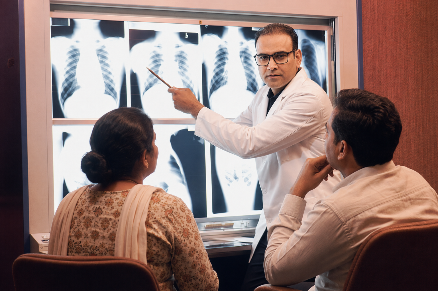 Doctor reviewing chest radiographs on a light box
